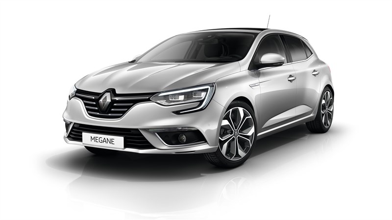 Renault MEGANE - Grise - Vue de trois-quart sur fond blanc