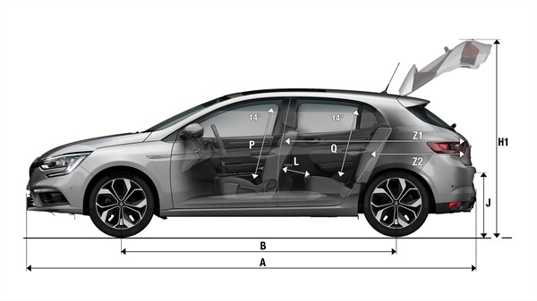 Renault MEGANE - vue profil gauche avec dimensions